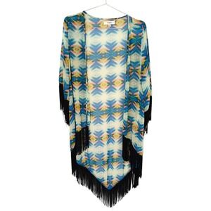 Umgee USA Womens Small Geometric Ikat Fringe Kimono Cardigan Blue Pink Boho